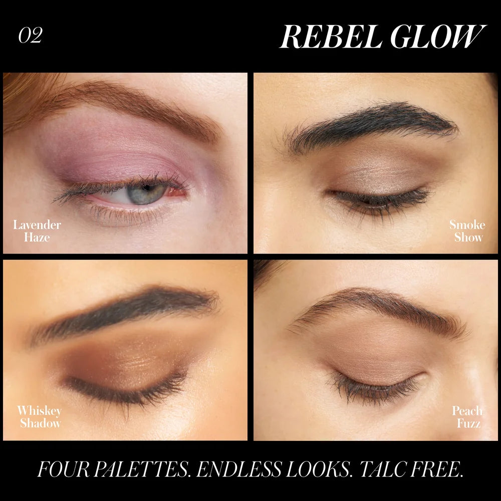 Rebel Glow Model Quad: RMS Beauty ReDimension Hydra Eyes Quartet Rebel Glow - Close-up der 4 Lidschatten-Shades am Auge