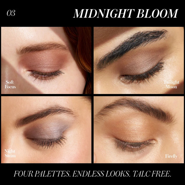 Midnight Bloom Model Quad: RMS Beauty ReDimension Hydra Eyes Quartet Midnight Bloom - Close-up der 4 Lidschatten-Shades am Auge