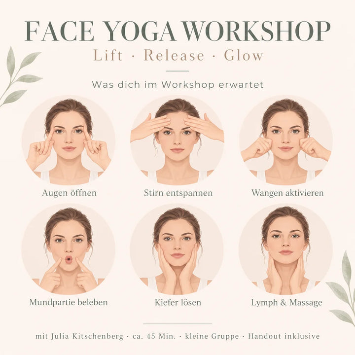 Face Yoga Workshop mit Übungen für Augen, Stirn, Wangen, Mund, Kiefer und Lymphmassage