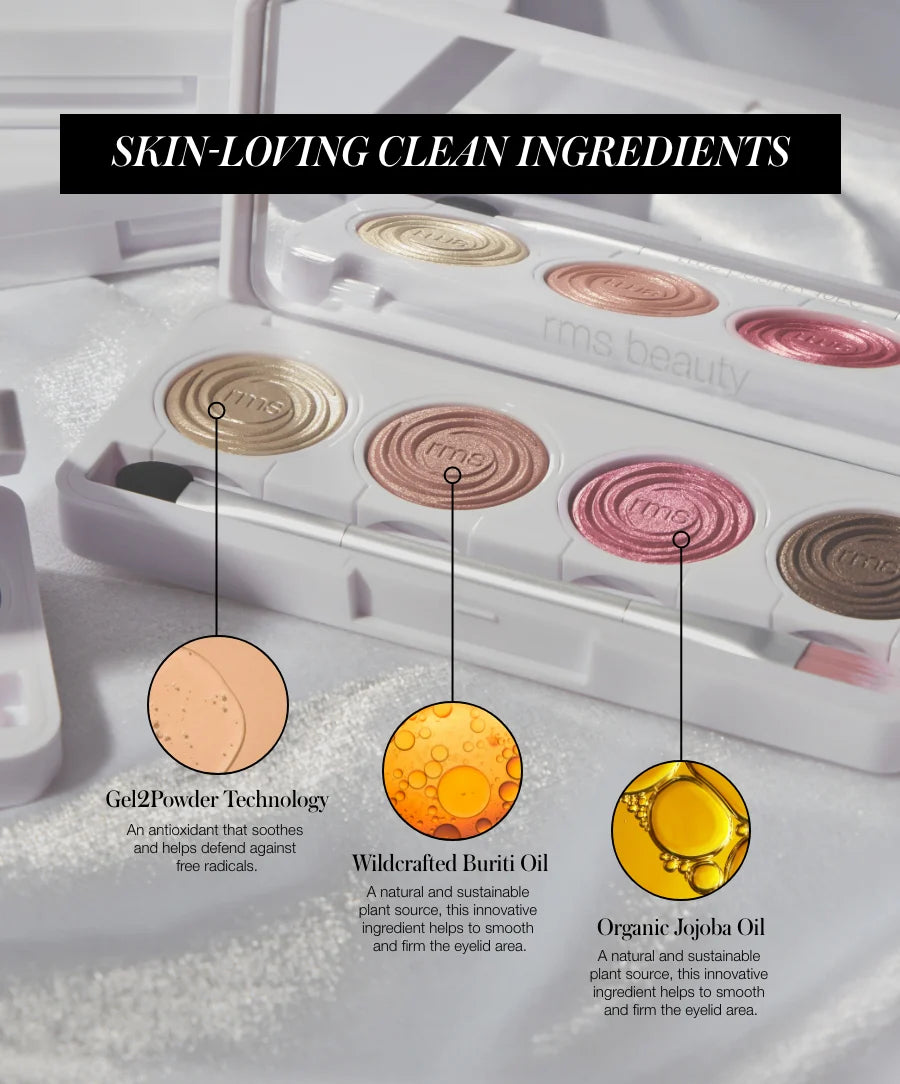 Wild Velvet Ingredient/Texture: RMS Beauty ReDimension Hydra Eyes Quartet Wild Velvet - Close-up der Gel2Powder-Textur und Inhaltsstoffe