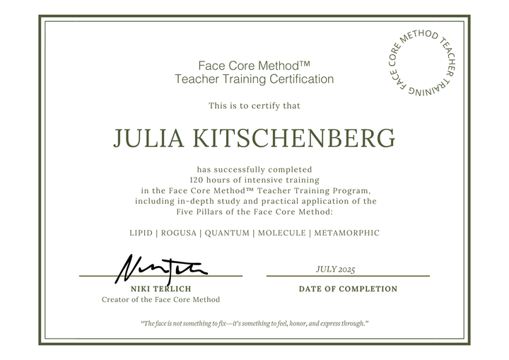Face Core Method Teacher Training Zertifikat von Julia Kitschenberg über 120 Stunden
