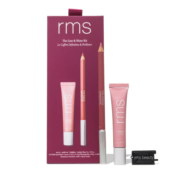 RMS Beauty The Line + Shine Kit mit Go Nude Lip Pencil Morning Dew, Liplights Bare und Spitzer