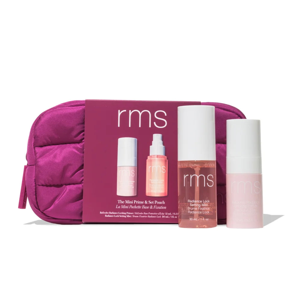 RMS Beauty The Travel Prime & Set Duo Pouch mit Primer, Setting Mist und pinker Kosmetiktasche
