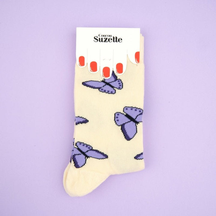 Coucou Suzette Purple Butterfly Socks - Produkt mit Verpackung