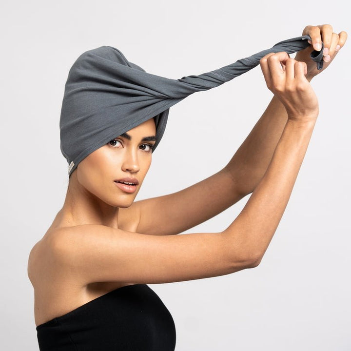 Bambus Turban Handtuch mit Knopf | Grau Model 3