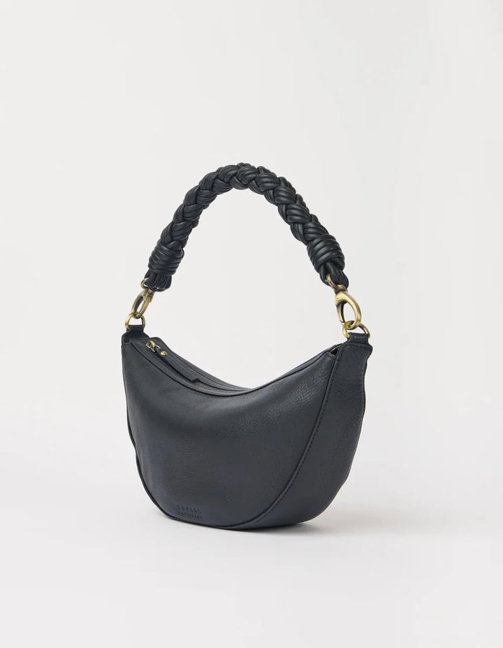 O My Bag Leo Midi Twisted – schwarze Schultertasche mit handgedrehtem Ledergriff