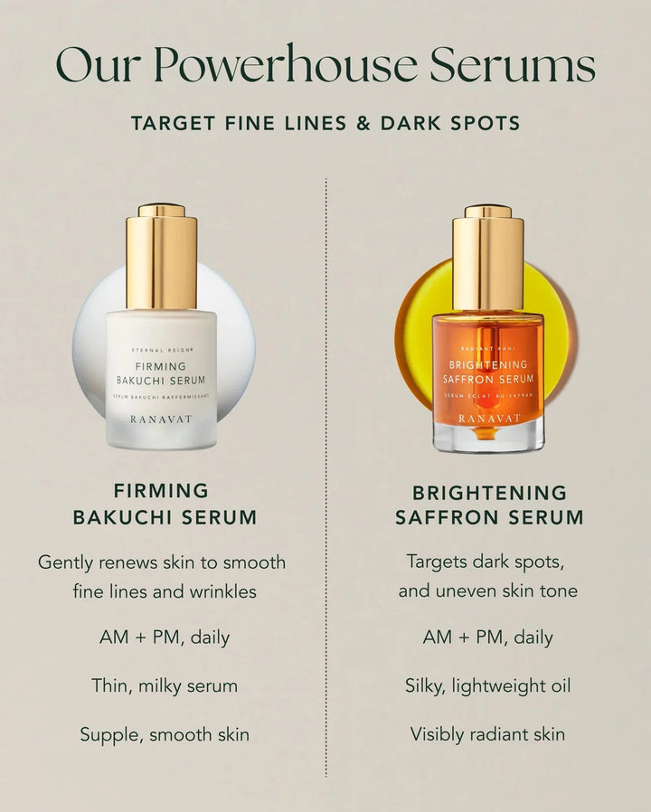 Ranavat Brightening Saffron Serum und Firming Bakuchi Serum im Vergleich