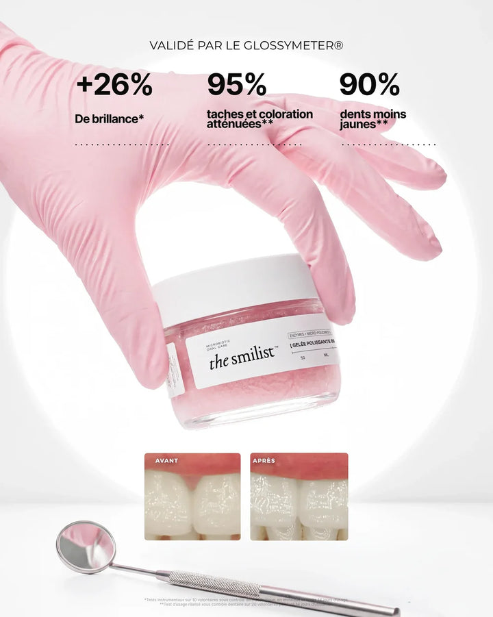 Instant Shine Polishing Jelly von The Smilist - Hand in Handschuh hält Produkt, Vorher / Nachher, Wirkung