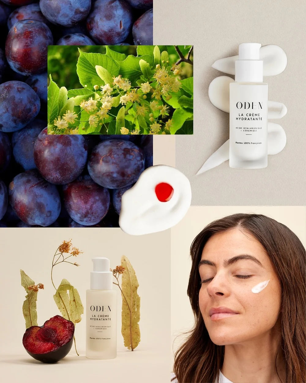 Infografik zu ODEN La Crème Hydratante mit Inhaltsstoffen und Anwendung