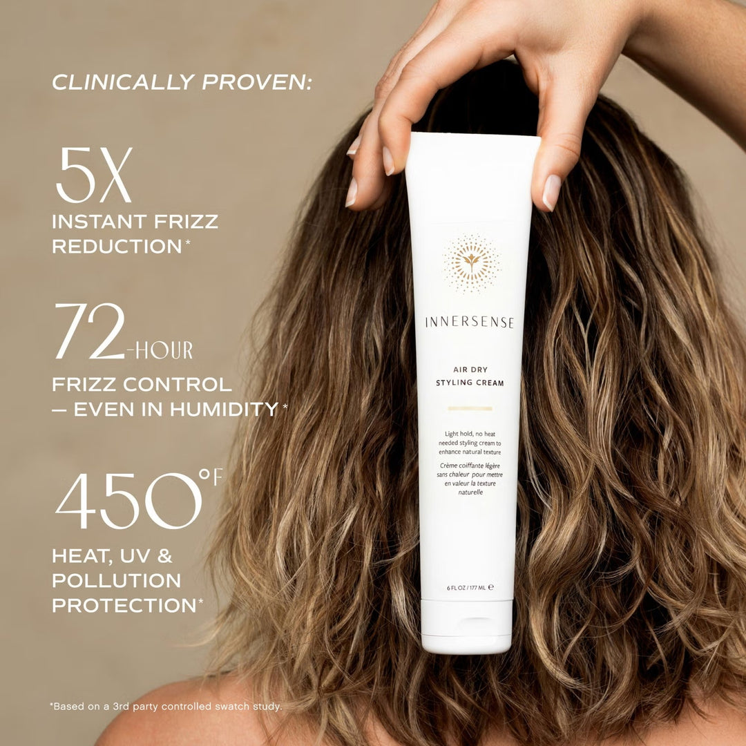 Grafik zu Frizz-Kontrolle, Feuchtigkeitsschutz und Hitzeschutz der Innersense Air Dry Styling Cream