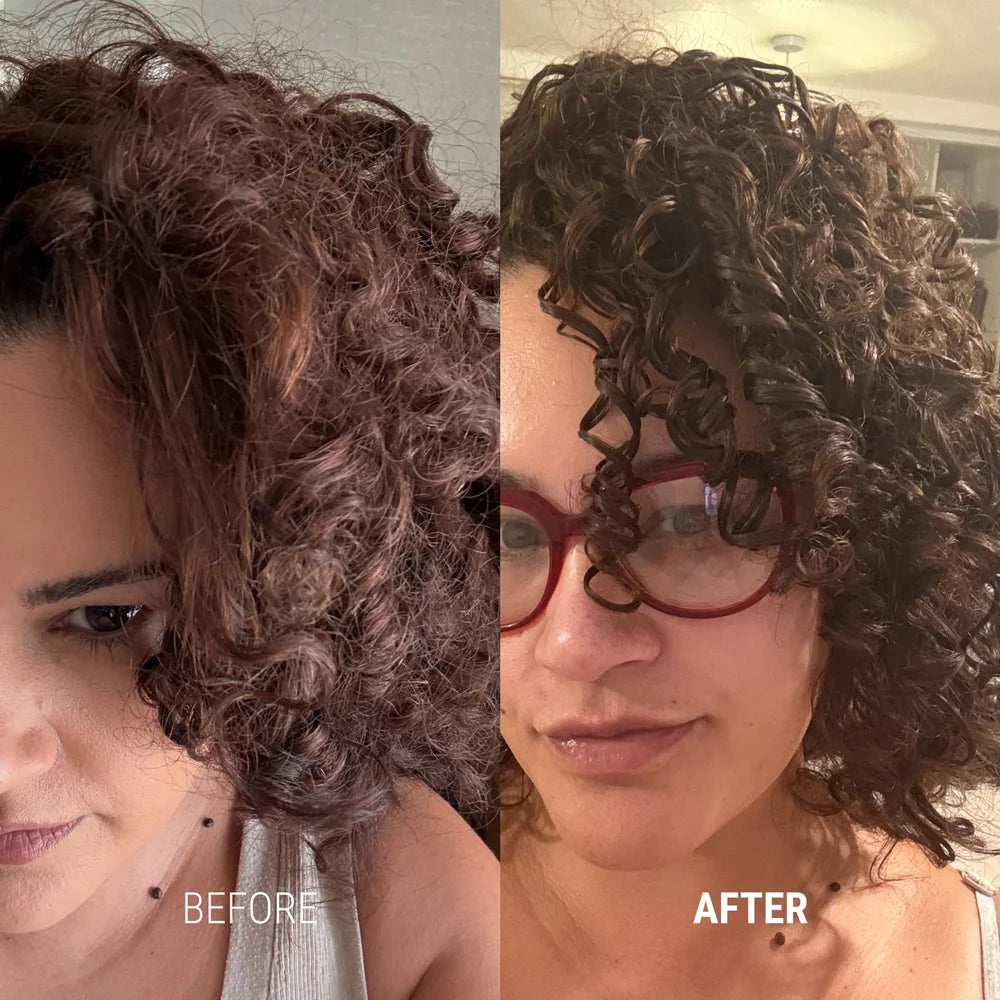 Vorher-Nachher-Bild zur Antipodes Lime Caviar Intense Nourishment Hair Mask bei Locken