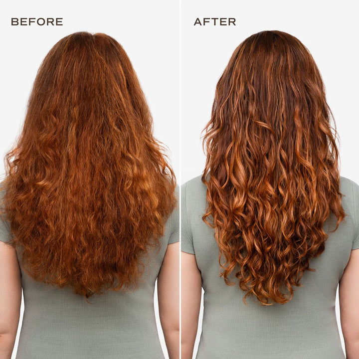 Vorher-Nachher-Bild mit glatterem Haar nach Anwendung der Innersense Air Dry Styling Cream