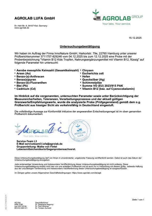 Laborzertifikat bzw. Prüfbericht zu Innonature Vitamin B12 Kids