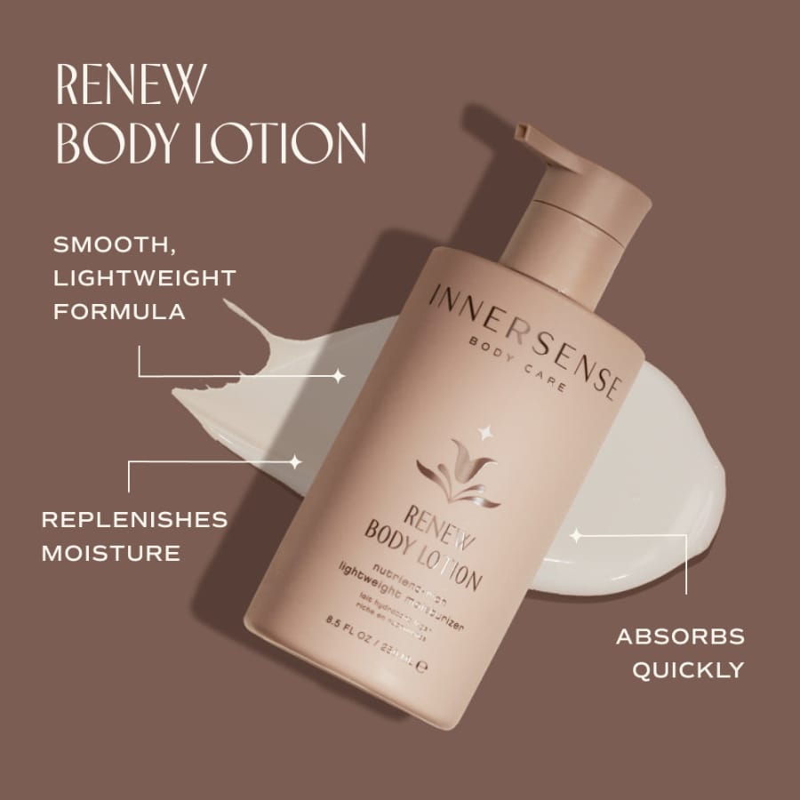 Innersense Renew Body Lotion mit Flasche und Lotion-Textur auf braunem Hintergrund