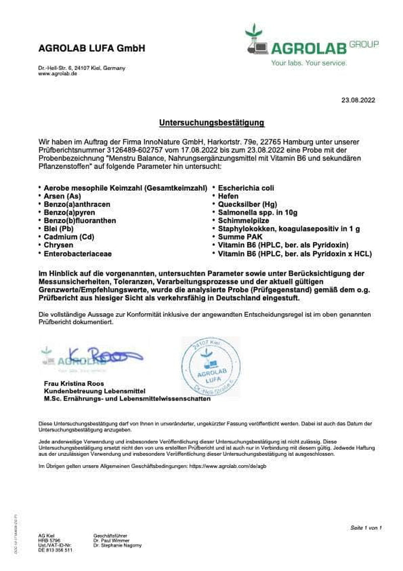 Innonature Menstru® Balance Kapseln Laboruntersuchung