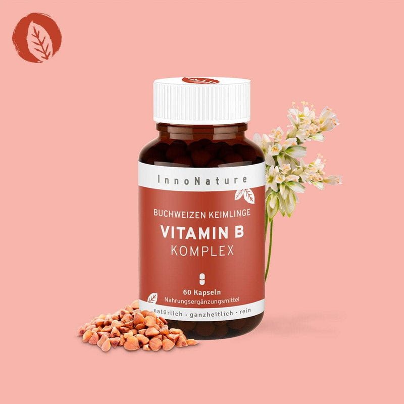 Innonature Vitamin B Komplex Kapseln - Produktbild mit rosa Hintergrund