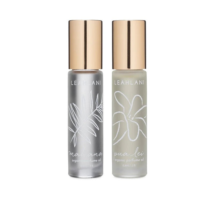 Leahlani Perfume Oils – Mahana & Pua Lei Rollerball-Flakons nebeneinander, Freisteller