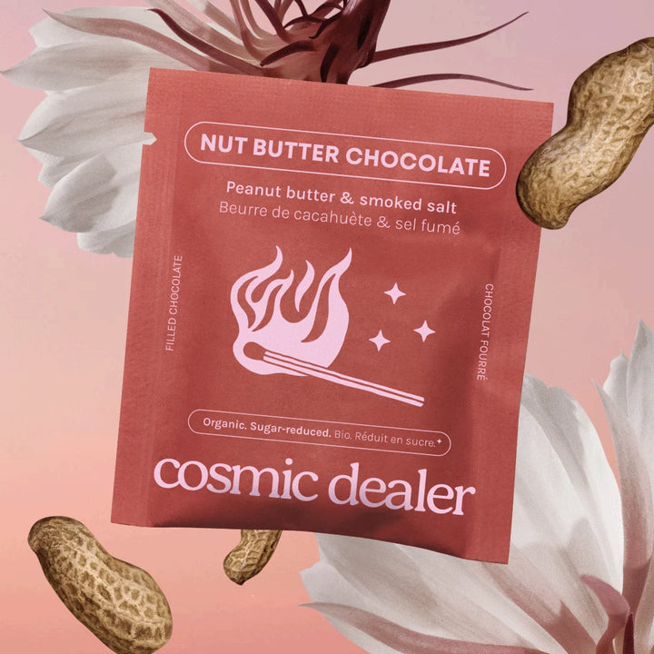 Cosmic Dealer Peanut Butter & Smoked Salt Chakra Chocolates mit Erdnussfüllung - Collage