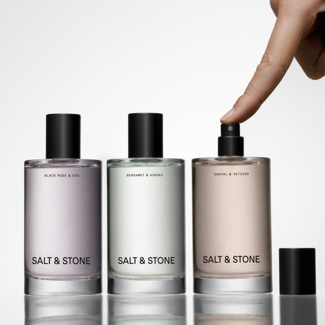 Salt & Stone Body Mist Kollektion - Alle drei Duftvarianten Black Rose Oud, Bergamot Hinoki und Black Saffron Cedar
