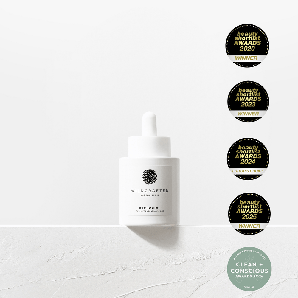 Wildcrafted Organics Bakuchiol Serum mit Beauty Shortlist Awards 2020, 2023, 2024 Editor's Choice, 2025 Winner und Clean + Conscious Awards 2024 Finalist Auszeichnungen