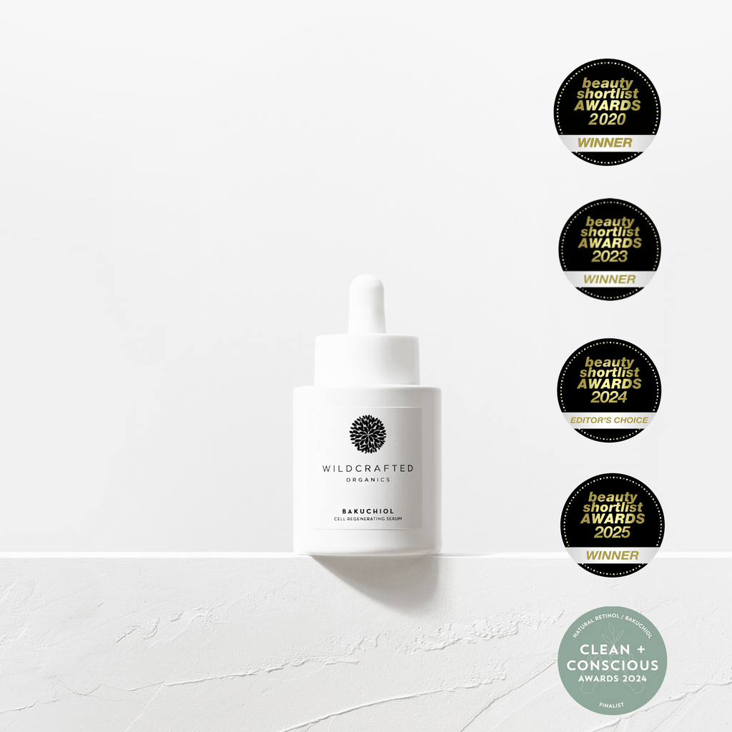 Wildcrafted Organics Bakuchiol Serum mit Beauty Shortlist Awards 2020, 2023, 2024 Editor's Choice, 2025 Winner und Clean + Conscious Awards 2024 Finalist Auszeichnungen