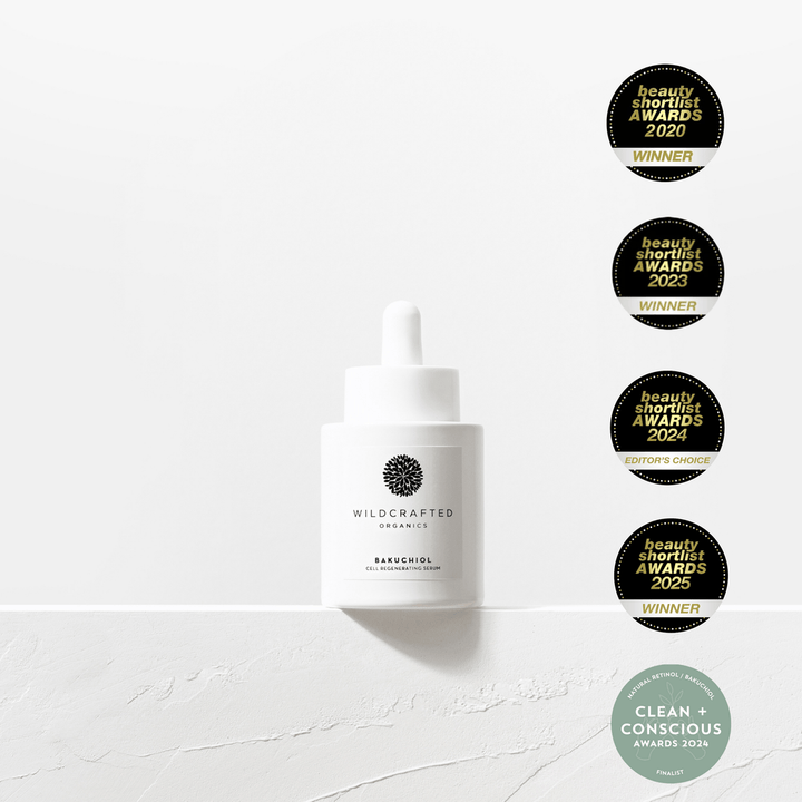 Wildcrafted Organics Bakuchiol Serum mit Beauty Shortlist Awards 2020, 2023, 2024 Editor's Choice, 2025 Winner und Clean + Conscious Awards 2024 Finalist Auszeichnungen