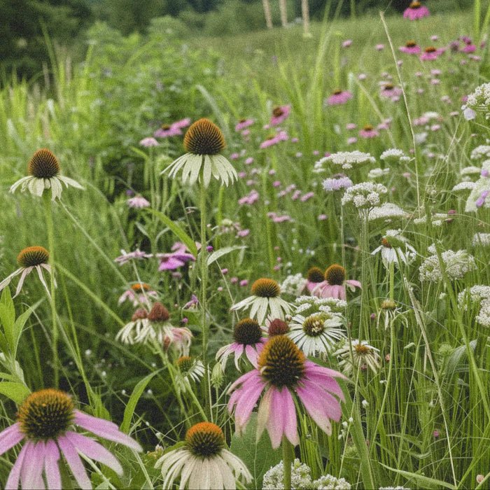 Blühende Wildblumenwiese mit Sonnenhut und Wildkräutern - natürliche Inhaltsstoffe des Wildcrafted Organics Wildflowers Rejuvenating Serums